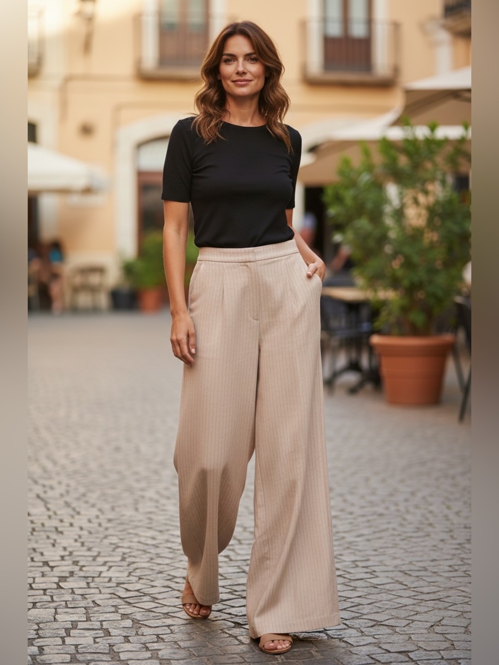 WeWoreWhat Beige Pinstripe Wide-Leg Trousers